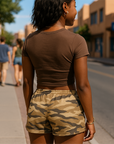 RF Wear Women's Tiger Camo Shorts - Tan - Model Back View