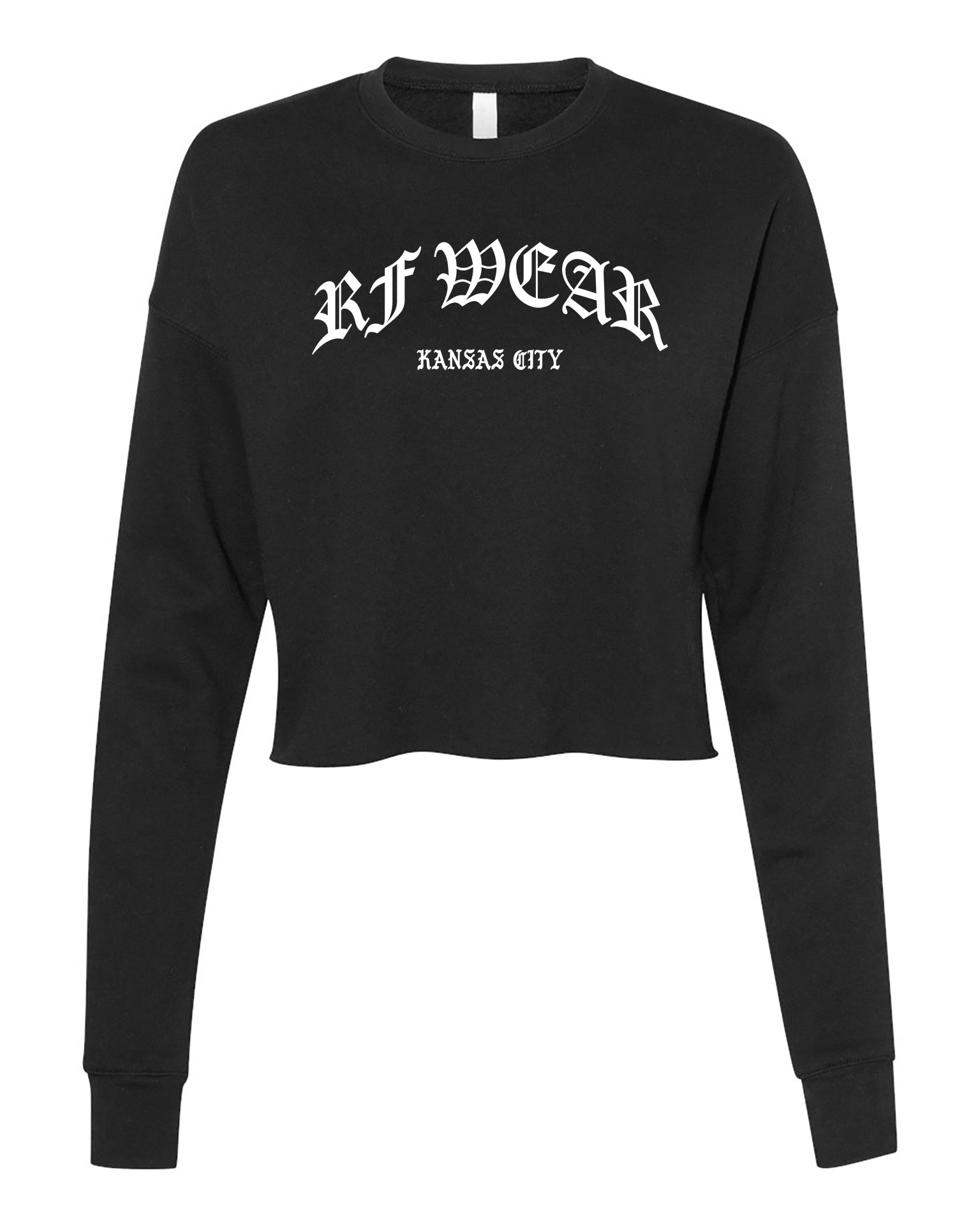 RF Wear Women's Cropped Fleece Lightweight Old English Crewneck - Black - Front
