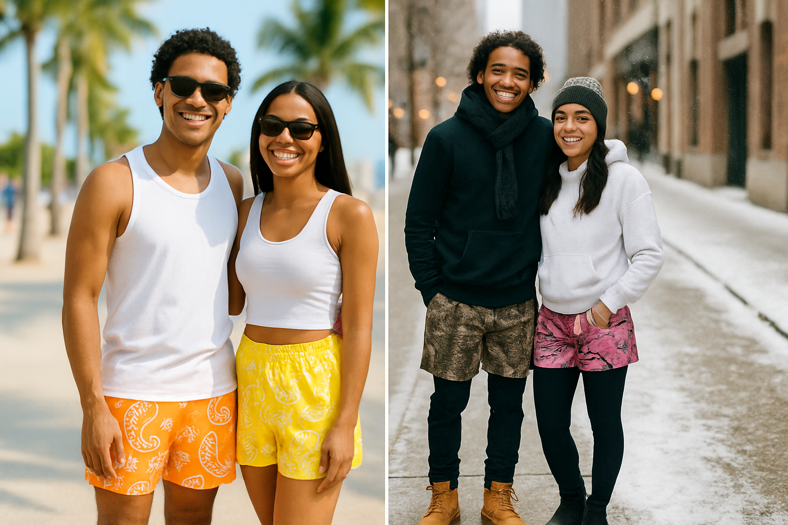 a couple on left in summer RF-Wear shorts and photo on the right couple in winter style