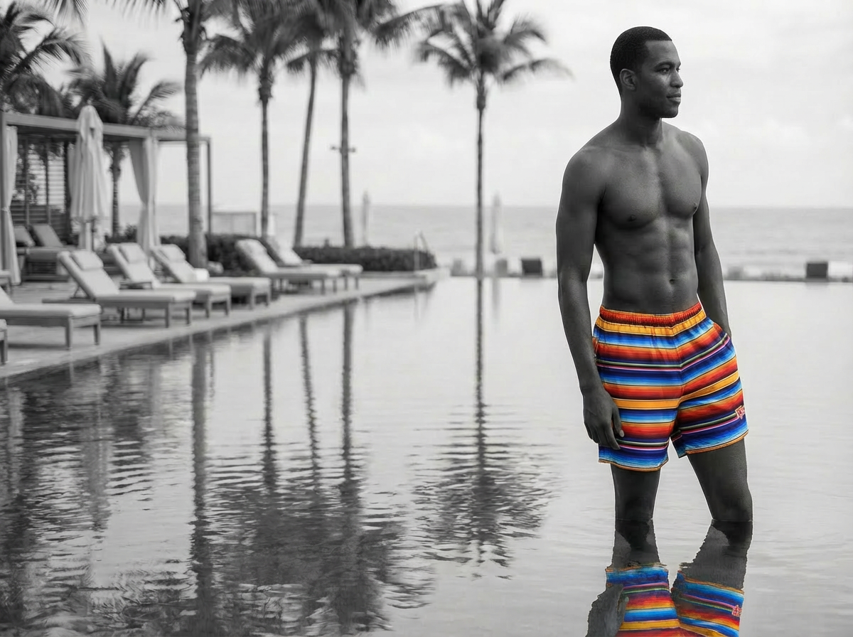 A shirtless man in RF-Wear Baja print swim trunks standing in a pool