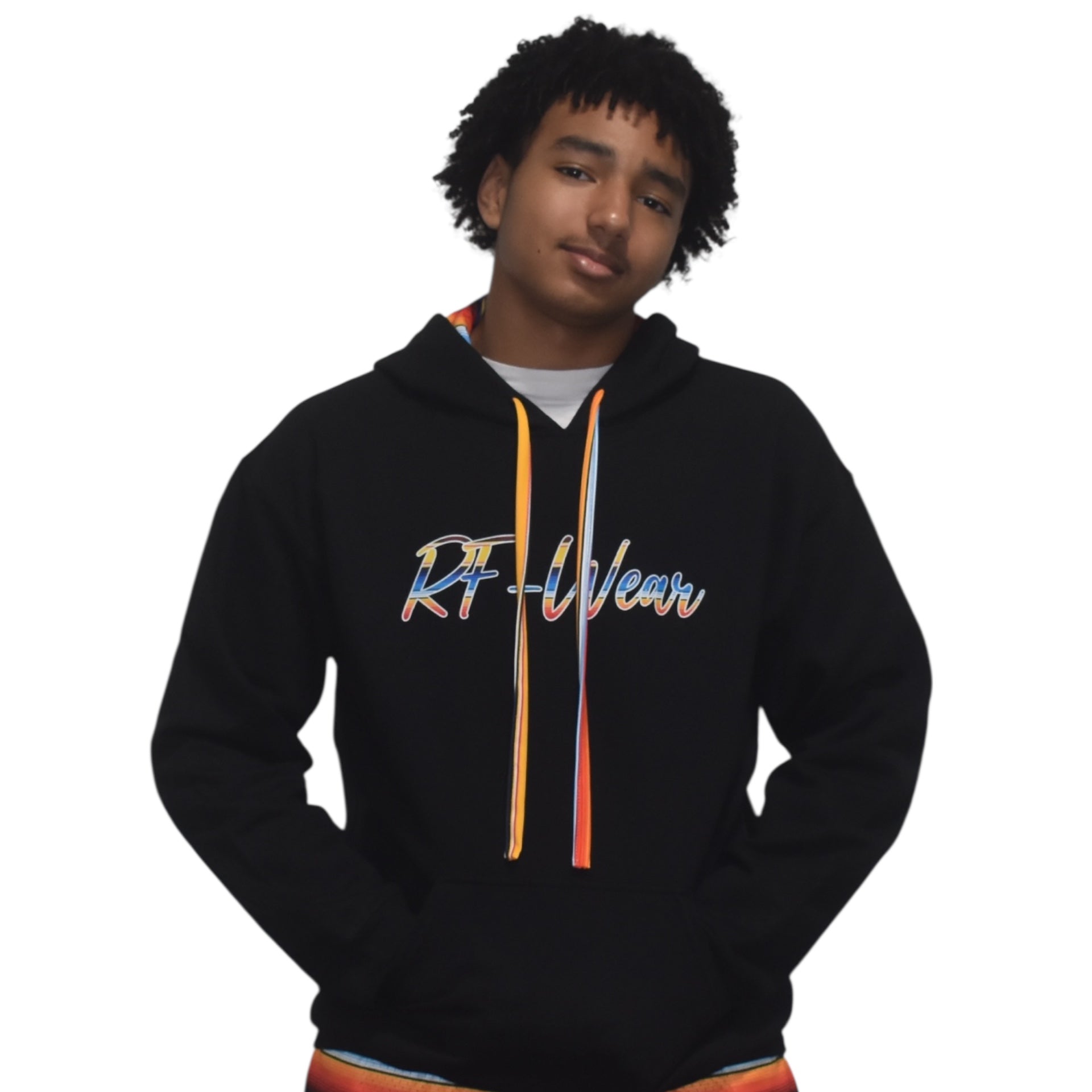 Man wearing the Baja Hoodie in Black with lined hood.