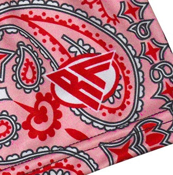 Close-up of RF-Wear Women's Bandana Shorts in Pink with RF logo