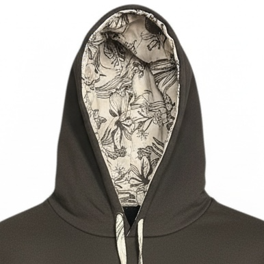 Close-up of RF-Wear Beanie Skull Hoodie in Brown hood lining