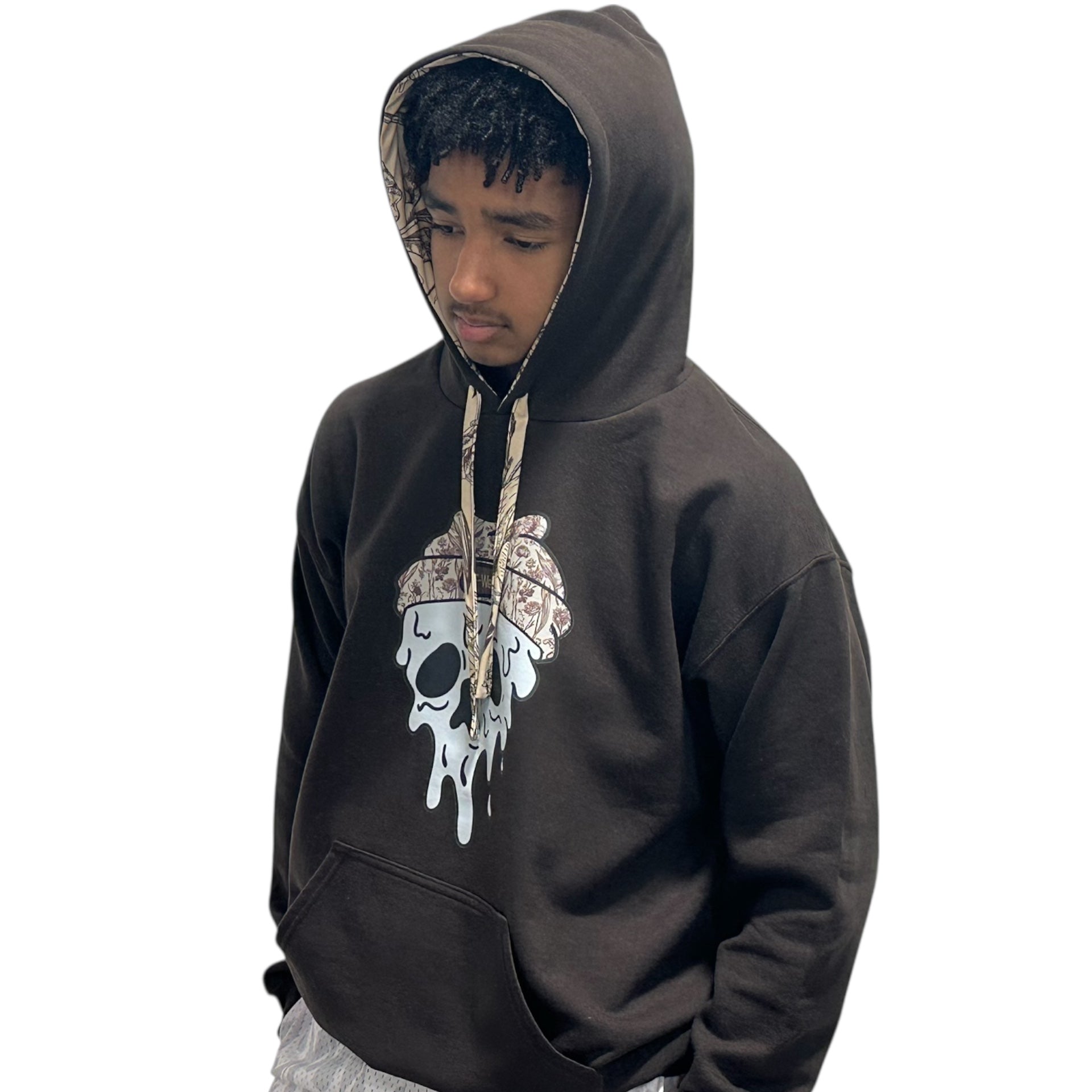Man wearing RF-Wear Beanie Skull Hoodie in Brown from a front view.