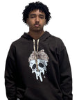 Man wearing RF-Wear Beanie Skull Hoodie in Brown from a front view.