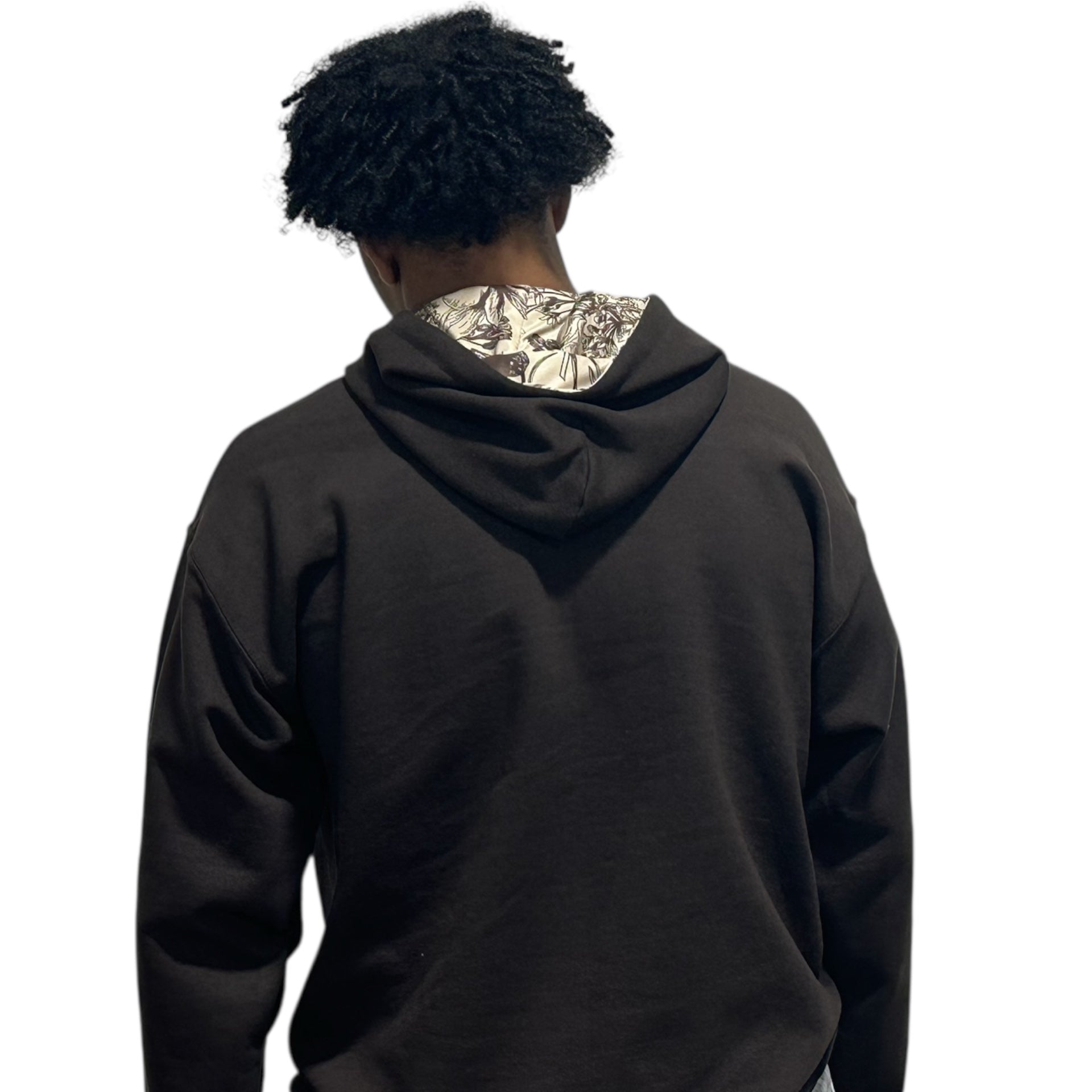Man wearing RF-Wear Beanie Skull Hoodie in Brown from a back view.