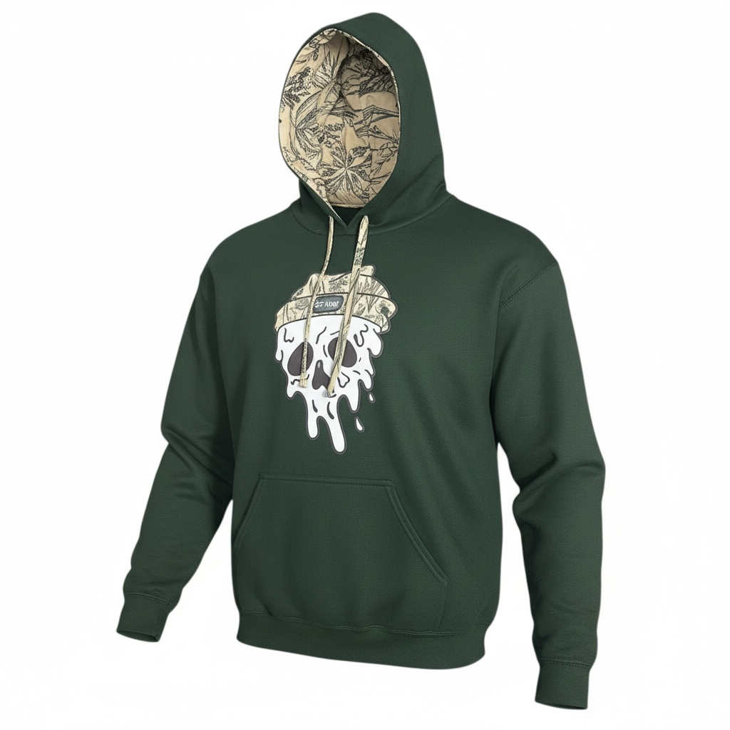 RF-Wear Beanie Skull Hoodie in Forest Green and Porcelain Sage hood lining