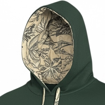 Close-up of porcelain satin lined hood on RF-Wear beanie skull hoodie in forest.