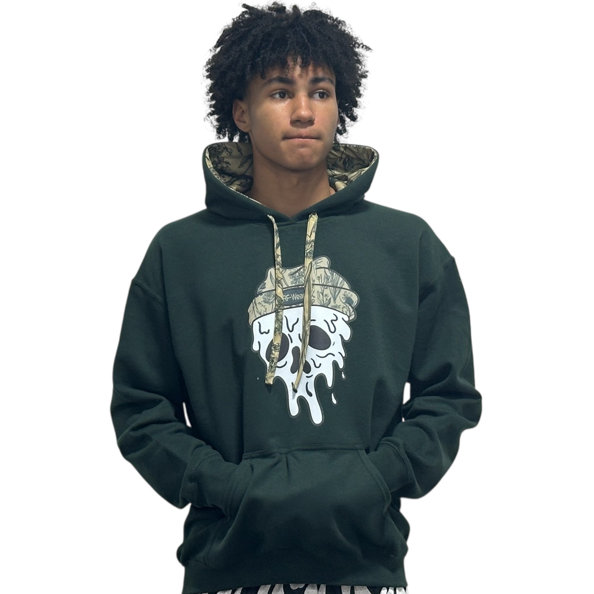 Person wearing a forest green RF-Wear beanie skull hoodie hoodie  on a white background