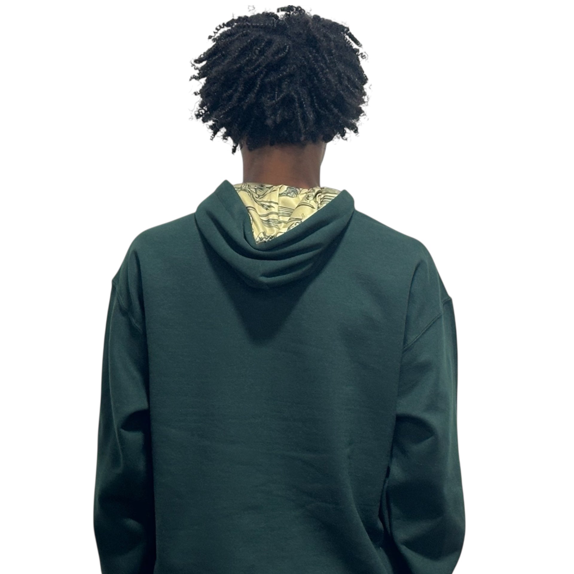Person wearing a forest green RF-Wear beanie skull hoodie hoodie  on a white background back view.