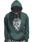 Person wearing a forest green RF-Wear beanie skull hoodie hoodie  on a white background