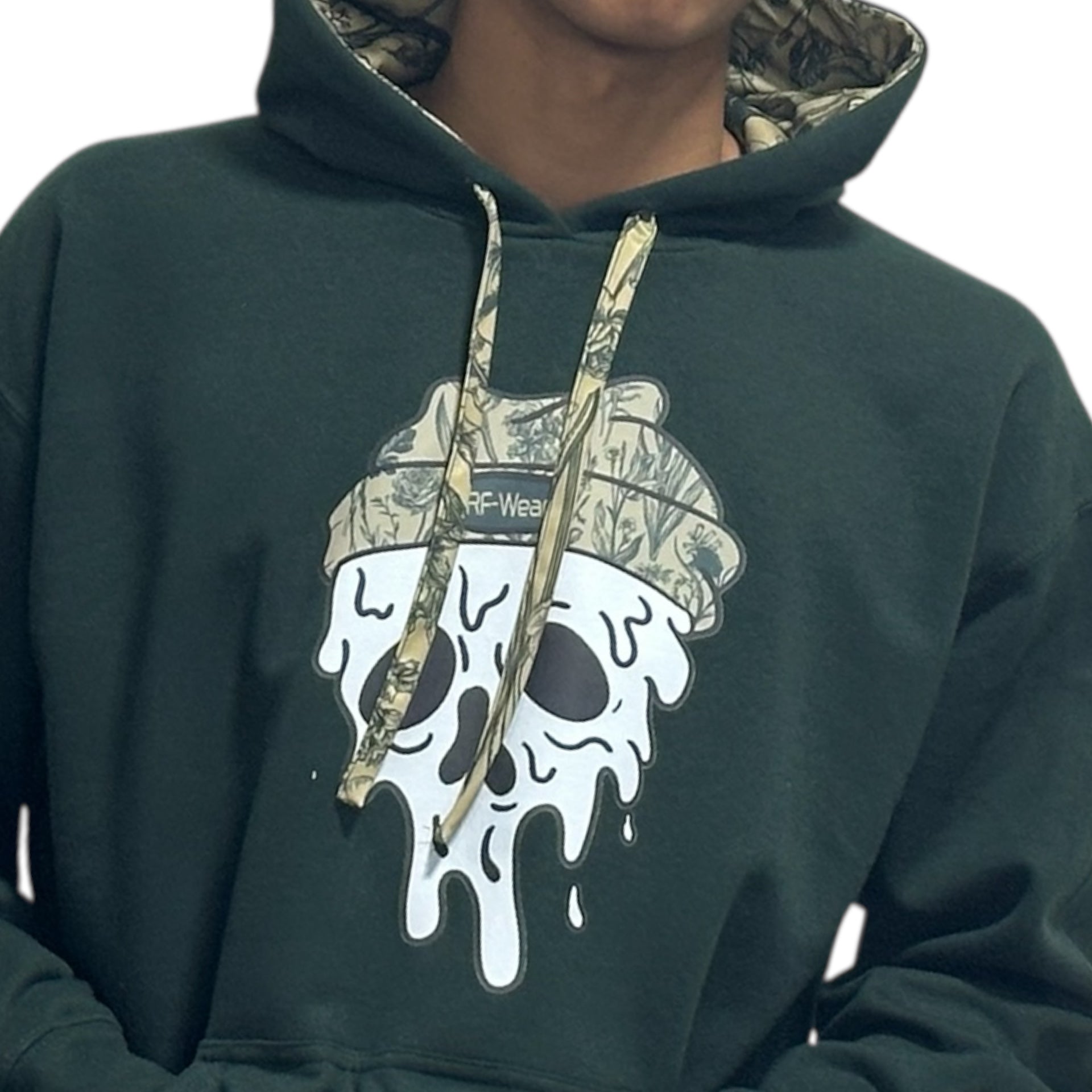 Person wearing a forest green hoodie with a close-up of beanie skull graphic on the front.