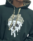 Person wearing a forest green hoodie with a close-up of beanie skull graphic on the front.
