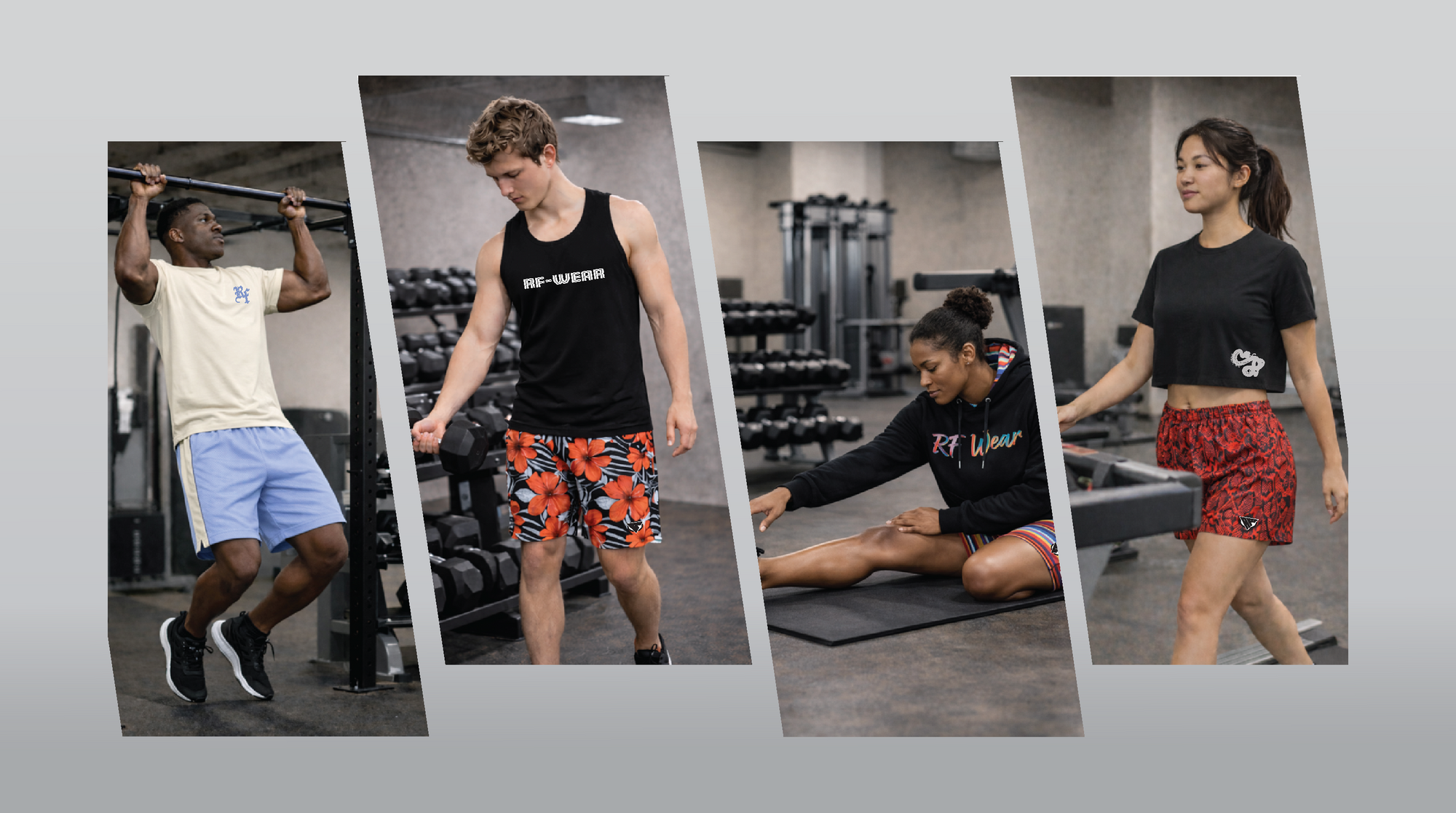 Four individuals in a gym setting wearing branded athletic wear.