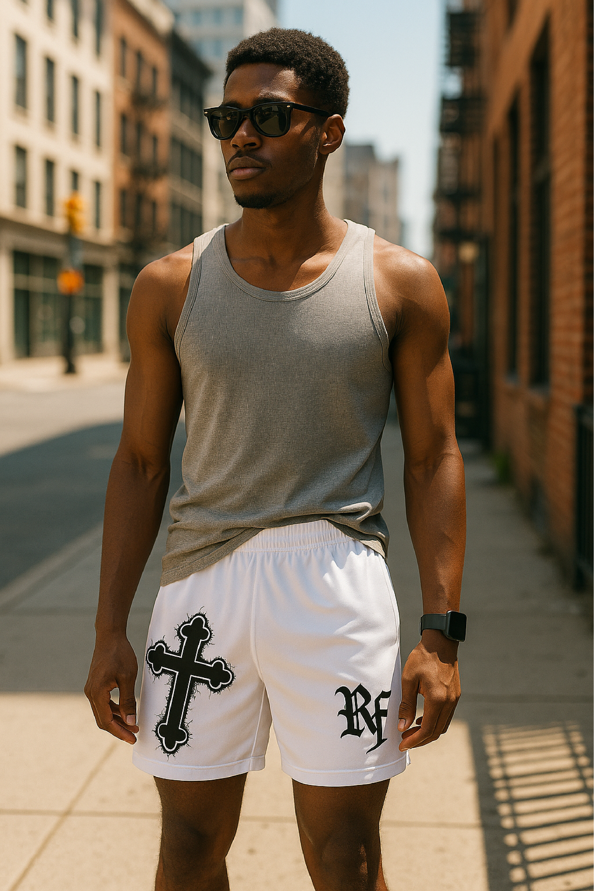 RF Wear Men's Graffiti Cross Shorts - White with Black Cross - Model Front View