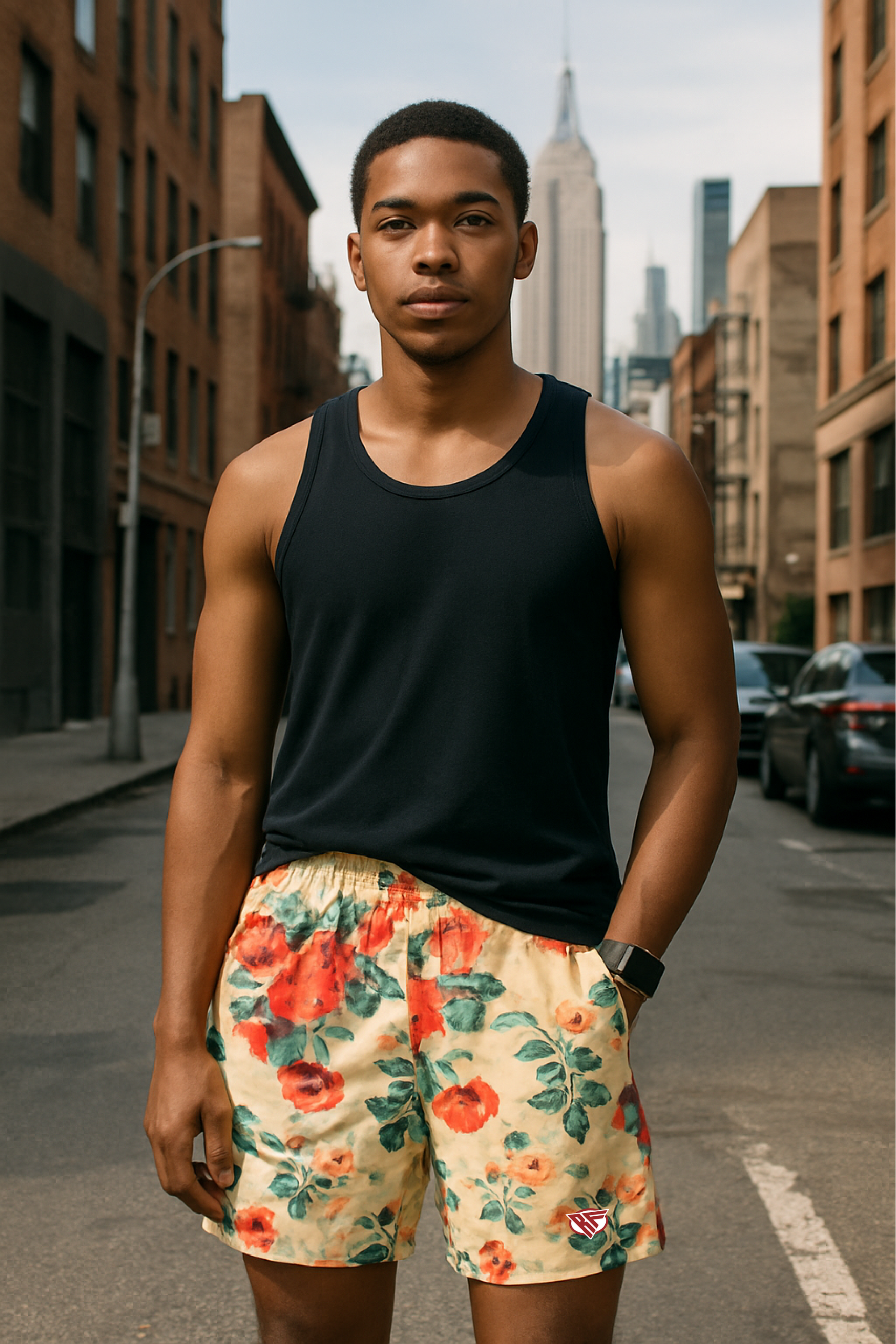 RF Wear Men's Floral Shorts - Cream/Red/Peach  - Model Front View