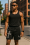 RF Wear Men's Graffiti Cross Shorts - Black with Grey Cross - Model Front View