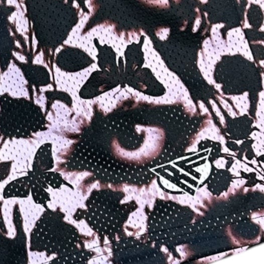 Close-up of RF-Wear Men's Mesh Creepy Garden Shorts -in Twilight/Black with RF logo