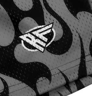 Close-up of RF-Wear Men's Mesh Flame Shorts in Black/Grey with RF logo