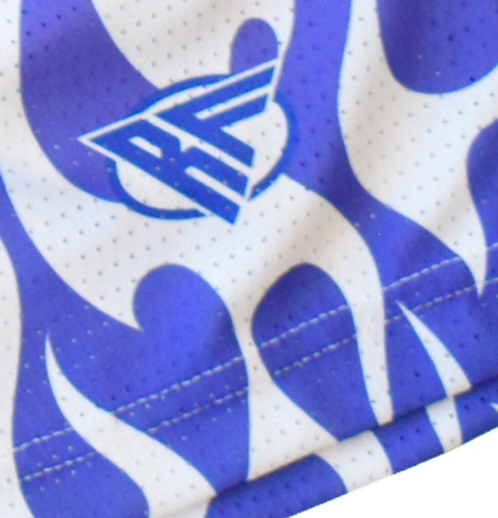Close-up of RF-Wear Men's Mesh Flame Shorts in White/Purple in RF logo