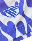Close-up of RF-Wear Men's Mesh Flame Shorts in White/Purple in RF logo