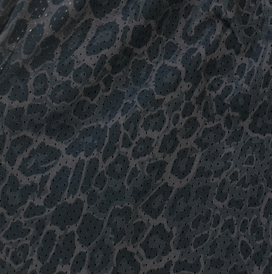 Close-up of RF-Wear Men's Animal Print Shorts - Leopard in Black