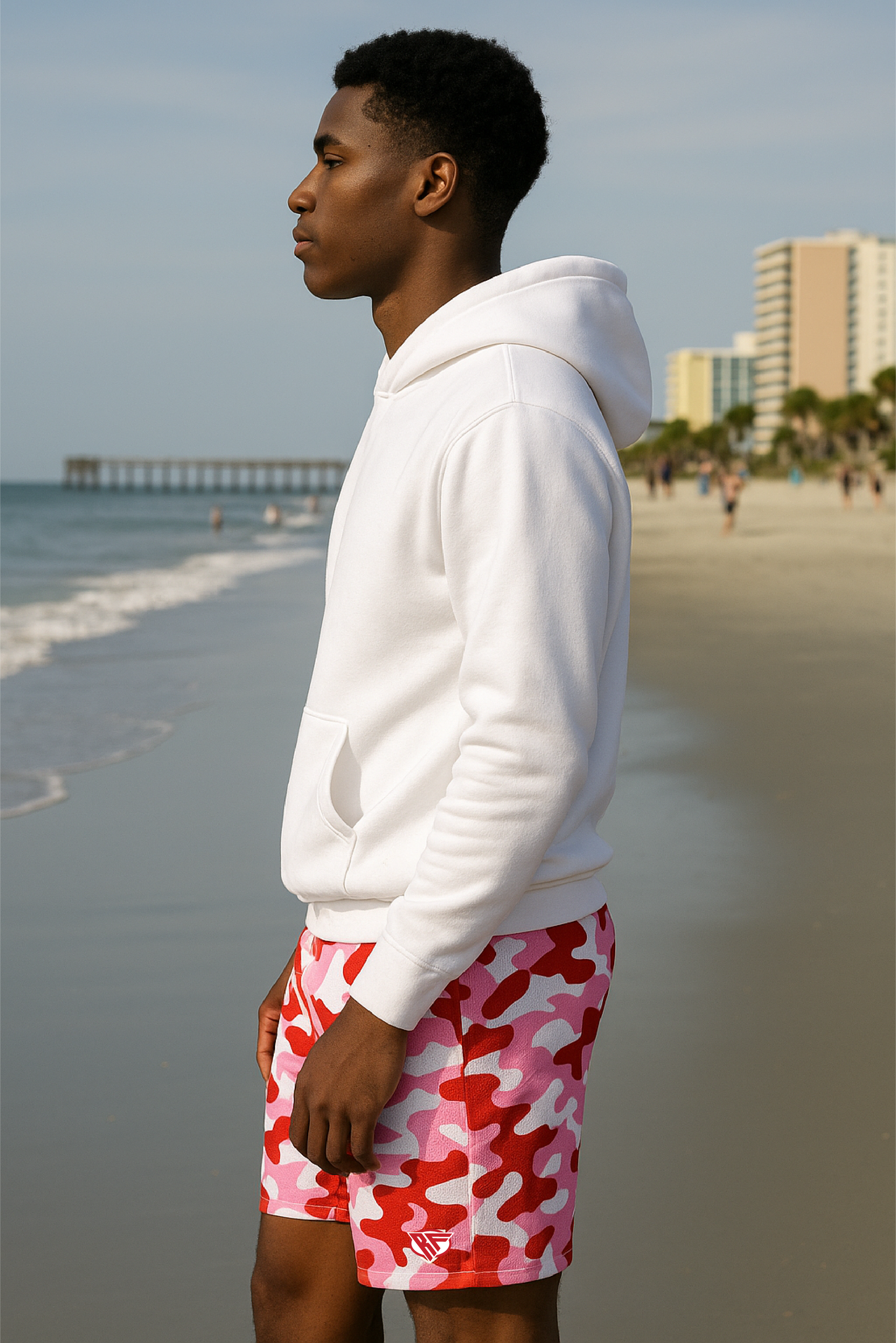 RF Wear Men's Camo Shorts - Pink/Red - Model Side View