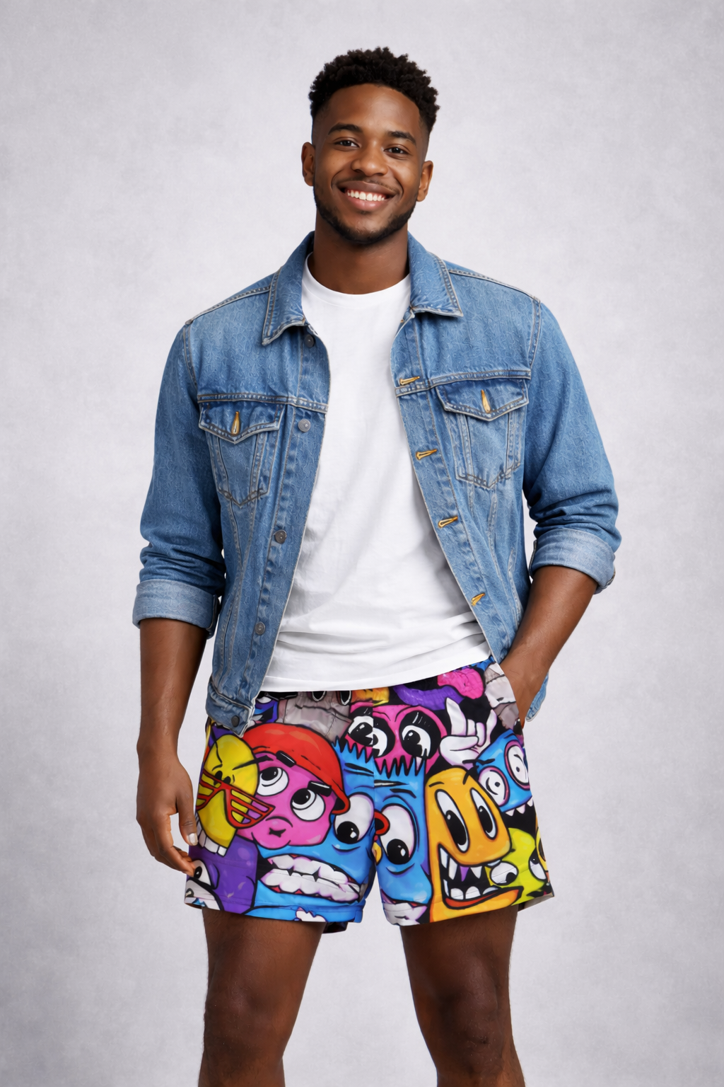 Man wearing a white t-shirt with jean jacket and RF-Wear Men's Cartoon Graffiti Shorts in Multicolors