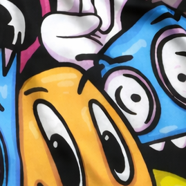 Close-up of RF-Wear Men's Cartoon Graffiti Shorts in Multicolors
