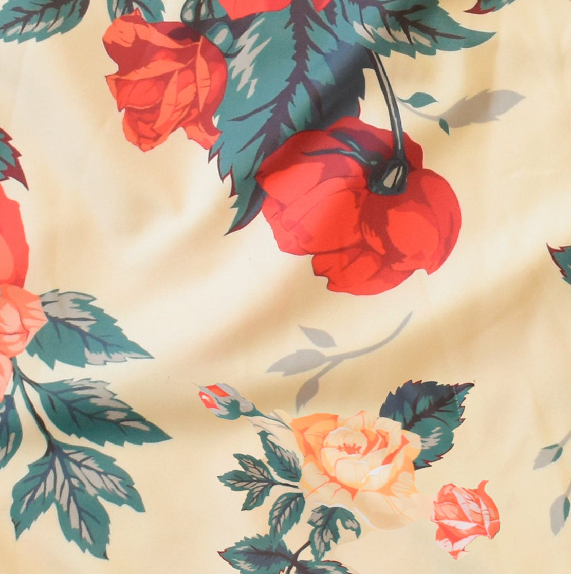 Close-up of RF-Wear Men's Floral Shorts in Cream/Red/Peach  