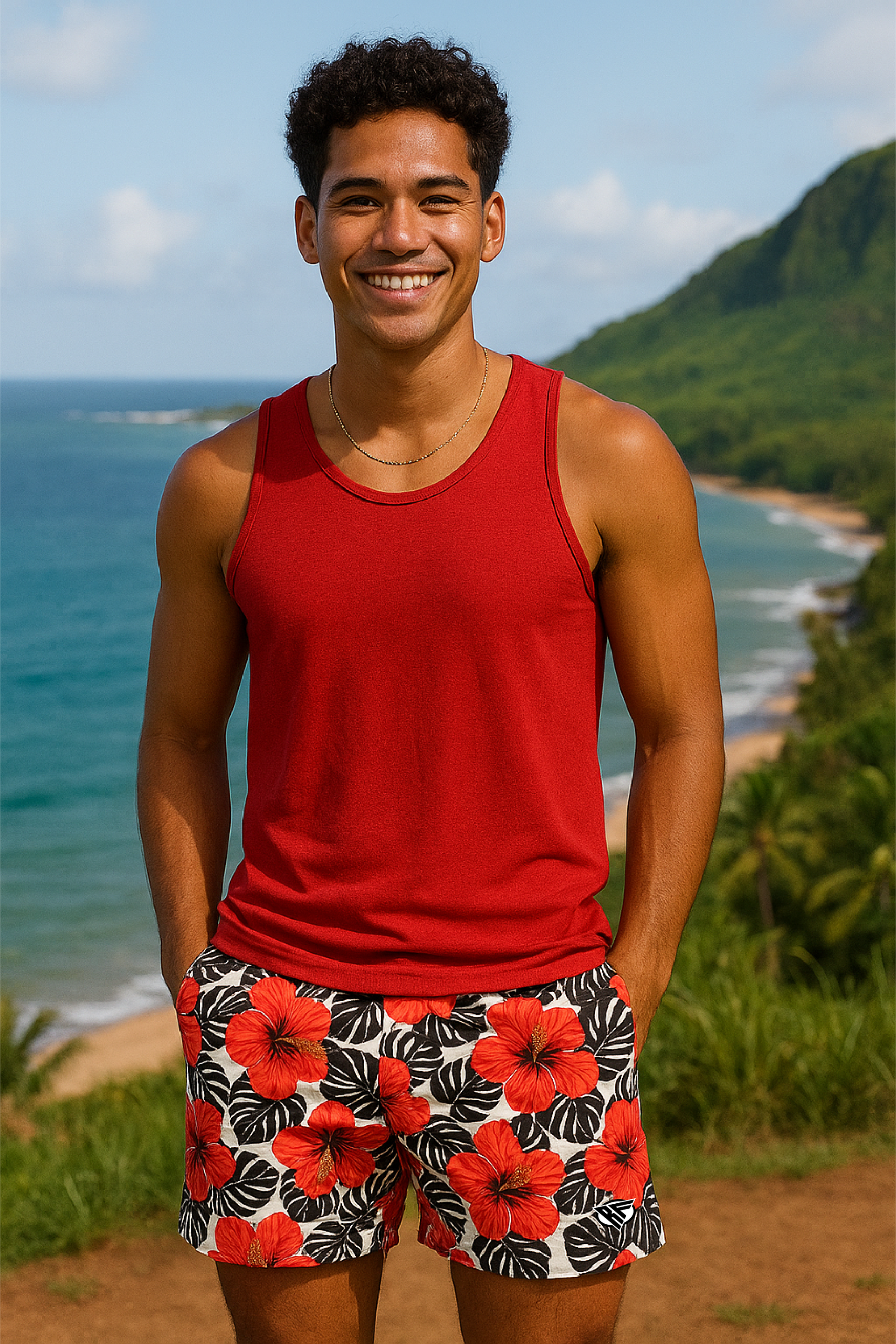 Man wearing a red tank top and floral tropical  shorts standing in a scenic location with ocean and mountains.