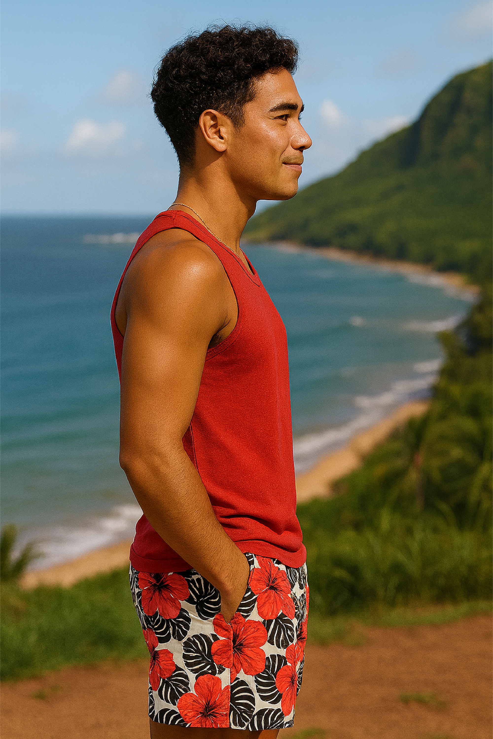 Man in a red tank top and floral tropical shorts standing on a hill overlooking a beach with mountains.
