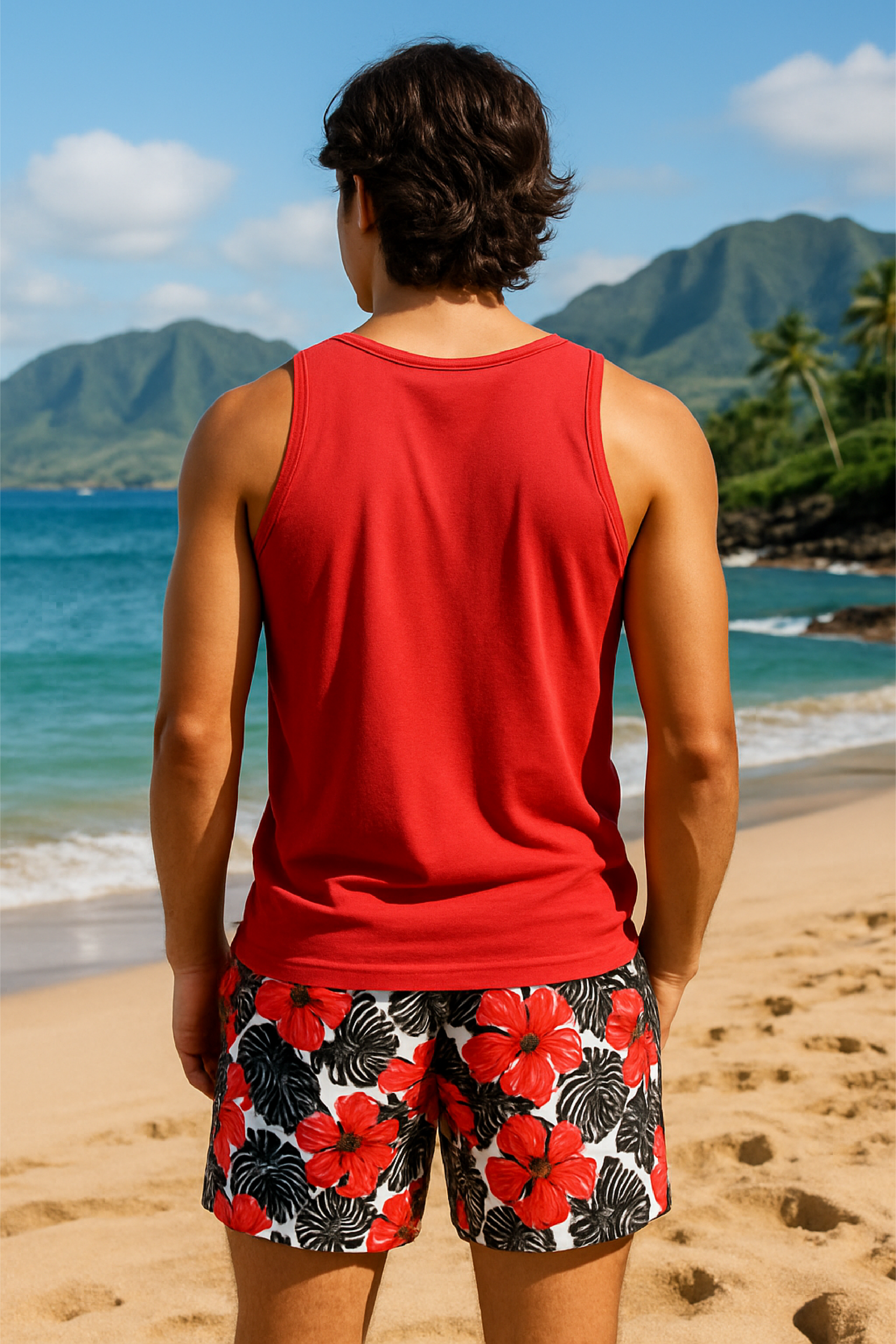 Man wearing a red tank top and floral tropical shorts on a beach with mountains in the background