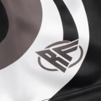 Close-up of RF-Wear Men's Geometric Swirls Shorts in Grey/White/Black with RF logo