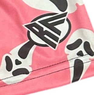 Close-up of RF-Wear Men's Ghost Faces Shorts in Pink with RF logo