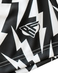 Close-up of RF-Wear Men's Lightning Bolt Shorts in Black/White with RF logo