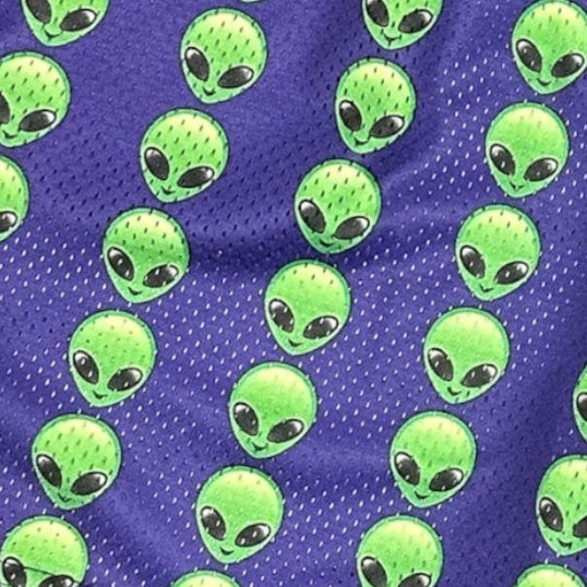 Close-up of RF-Wear  Men's Mesh Alien Shorts in Purple/ Green