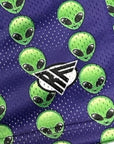 Close-up of RF-Wear  Men's Mesh Alien Shorts in Purple/ Green with RF logo