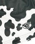 Close-up of RF-Wear Men's Mesh Animal Print Shorts  - Cow - Black/White with RF logo
