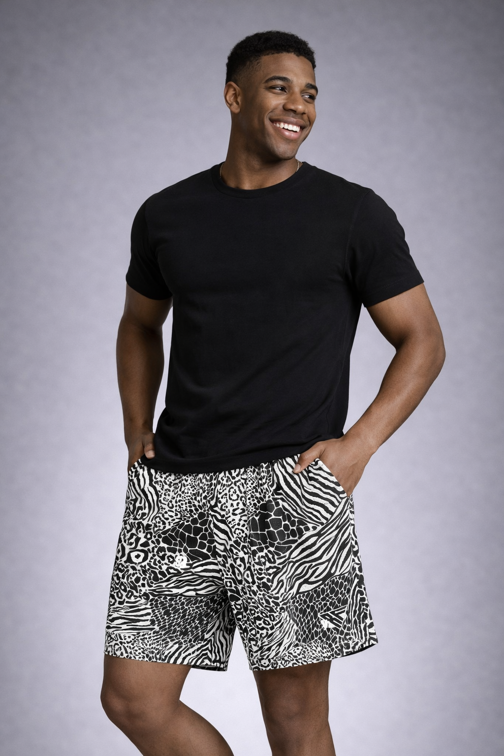Man wearing a black t-shirt and RF-Wear Men's Mesh Animal Print Shorts  - Mash-up - Black/White 
