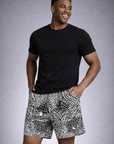 Man wearing a black t-shirt and RF-Wear Men's Mesh Animal Print Shorts  - Mash-up - Black/White 