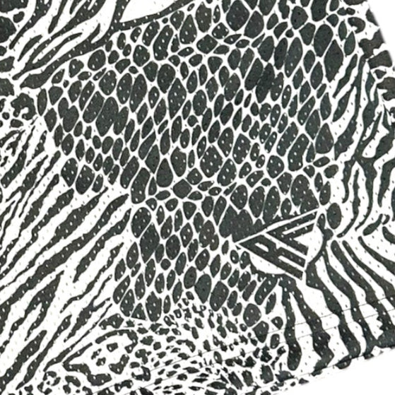 Close-up of RF-Wear Men's Mesh Animal Print Shorts  - Mash-up - Black/White with RF logo