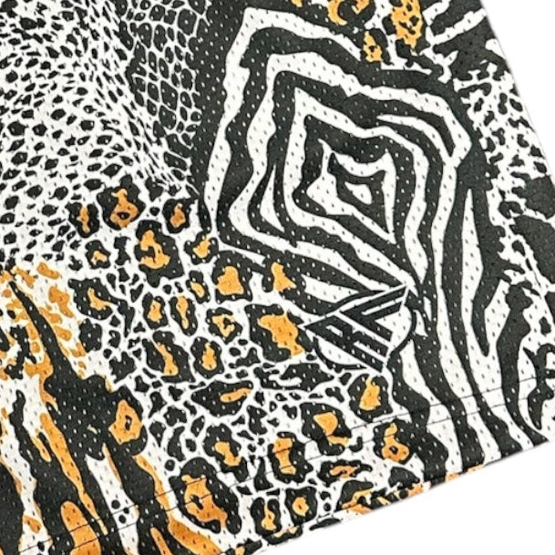 Close-up of RF-Wear Men's Mesh Animal Print Shorts  - Mash-up - Natural with RF logo
