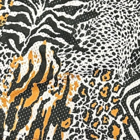 Close-up of RF-Wear Men's Mesh Animal Print Shorts  - Mash-up - Natural