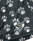 Close-up of RF-Wear Men's Mesh Animal Print Shorts  - Paw Prints in Black/Grey  with RF logo