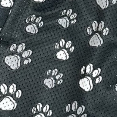 Close-up of RF-Wear Men's Mesh Animal Print Shorts  - Paw Prints in Black/Grey 