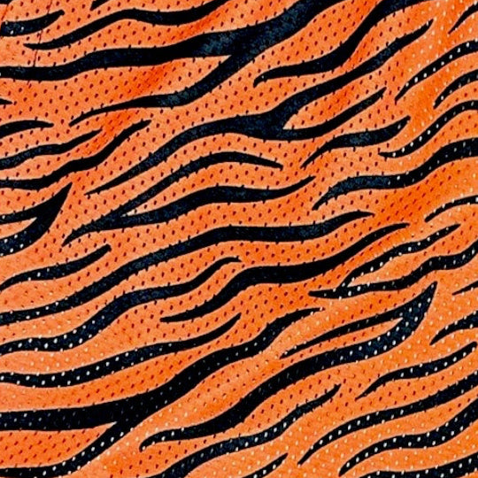 Close-up of RF-Wear Men's Mesh Animal Print Shorts  - Tiger - Orange/Black