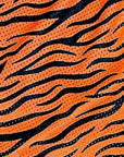 Close-up of RF-Wear Men's Mesh Animal Print Shorts  - Tiger - Orange/Black