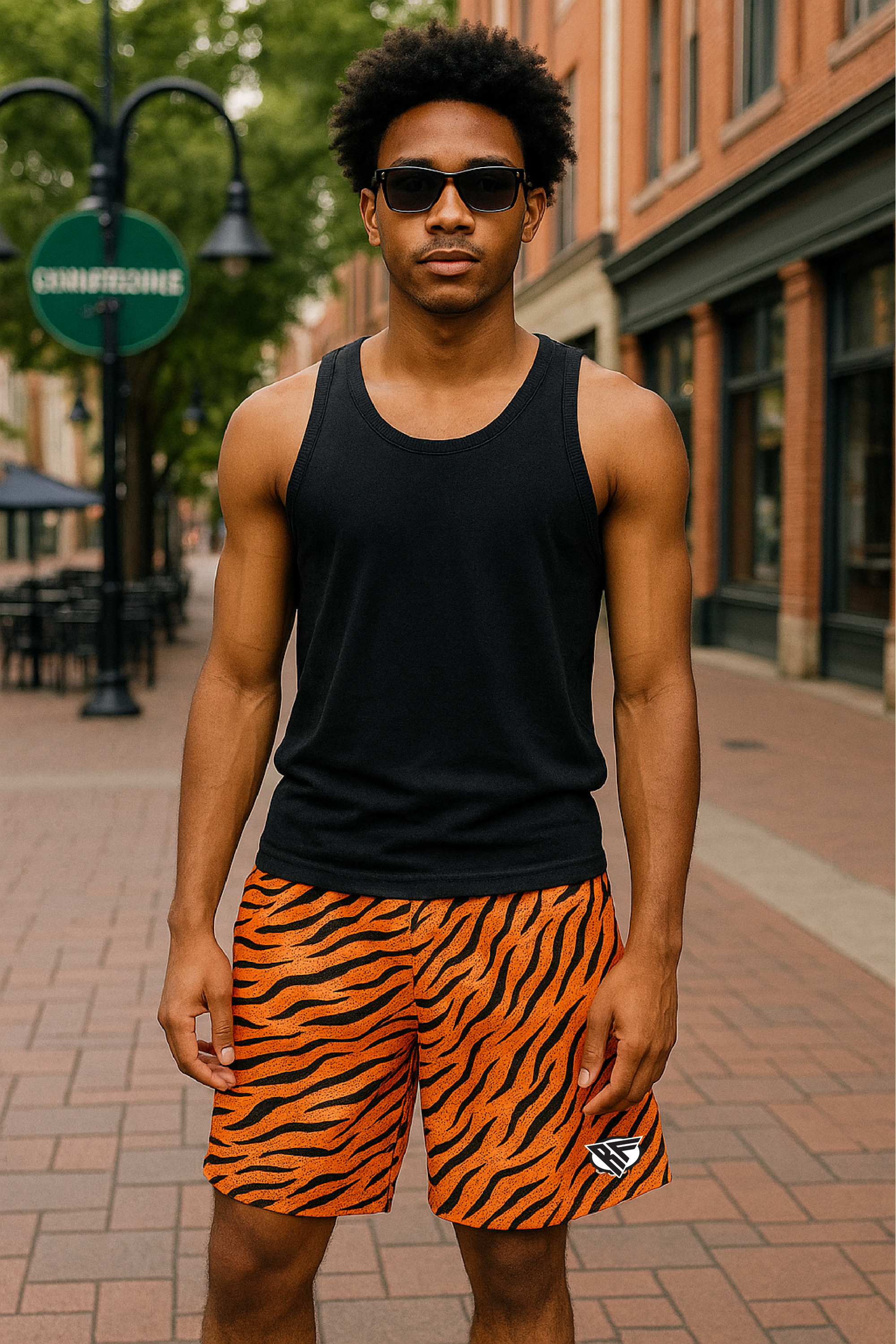 Man wearing a black tank top and RF-Wear Men's Mesh Animal Print Shorts  - Tiger - Orange/Black 