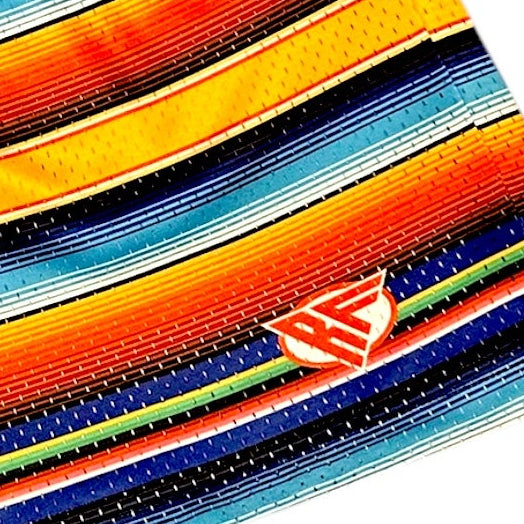 Close-up of Men's RF-Wear Mesh Baja Shorts - Multicolor with RF Logo